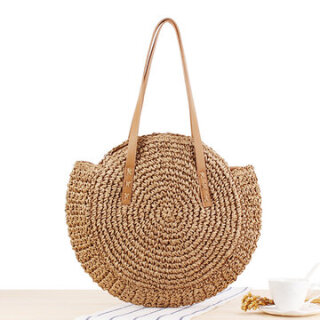 Round straw woven Beach Bag Camel