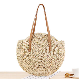 Round straw woven Beach Bag Beige